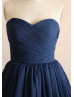 Navy Blue Polka Dots Tulle Pleated Short Bridesmaid Dress